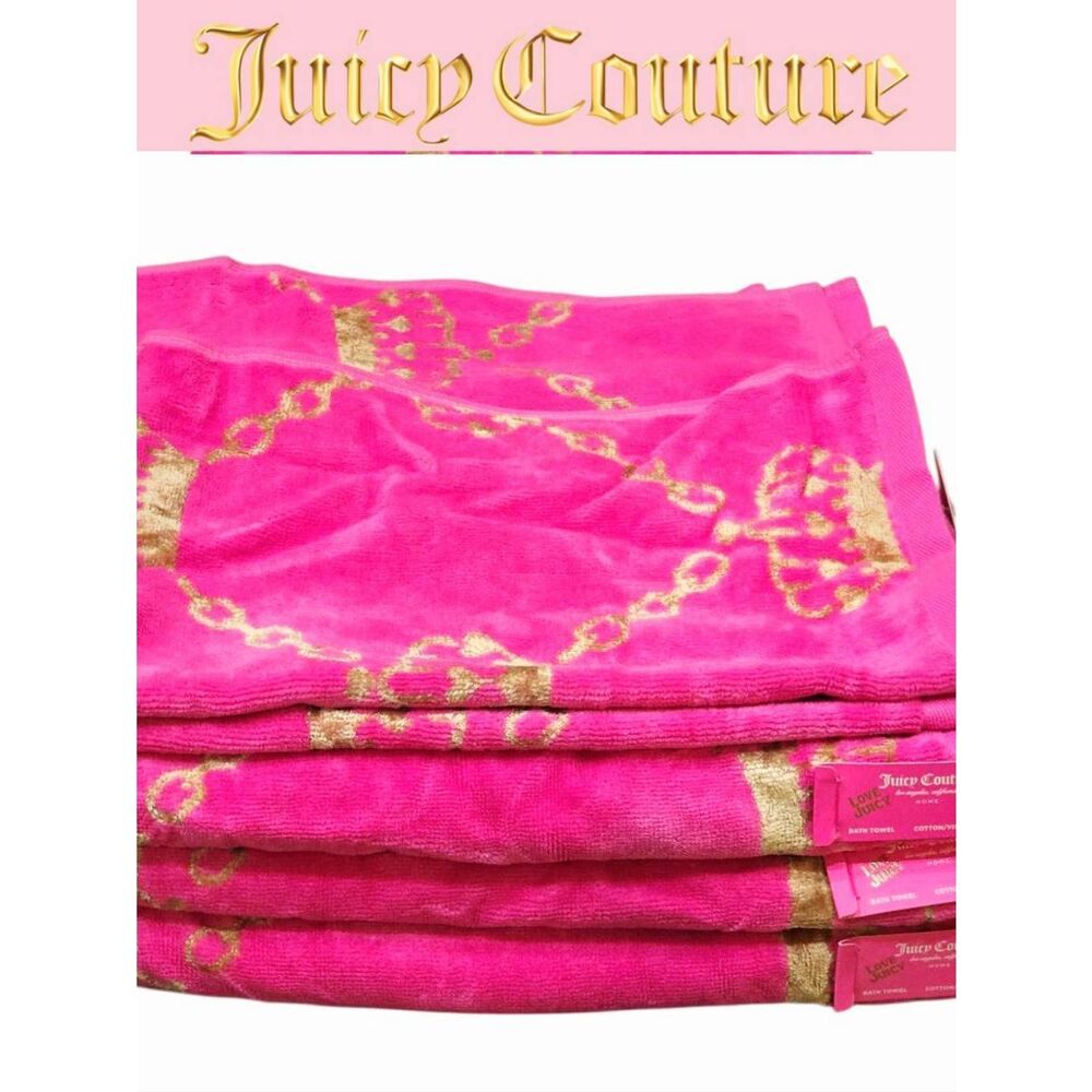 Juicy Couture Home Heart Crown Chains Plush Oversized Bath Towel Set- Pink/Gold